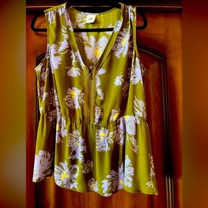 Olive, white, and lavender Cabi blouse